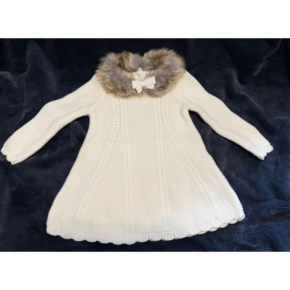 TAHARI Baby Ivory Color Knit Sweater Dress Faux Fur Collar Sz 12M